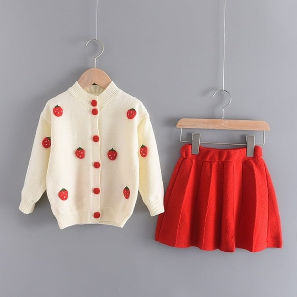 Cream and Red Strawberry Cardigan and Skirt Set Toddler Girl 3T - Picture 2 of 4